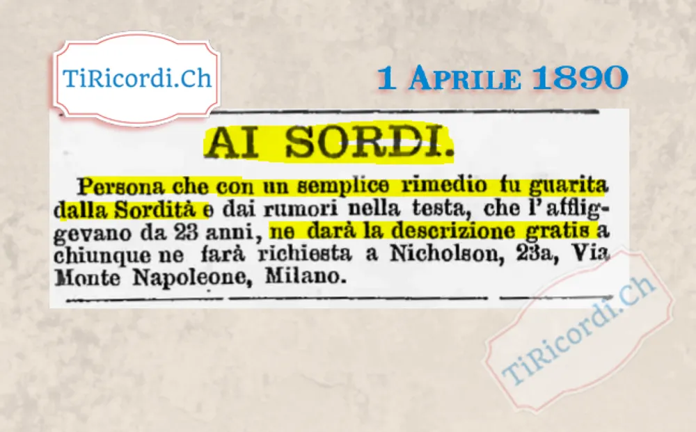 Ai sordi, di nuovo: il rimedio gratis del Nicholson ha cambiato indirizzo, 1890