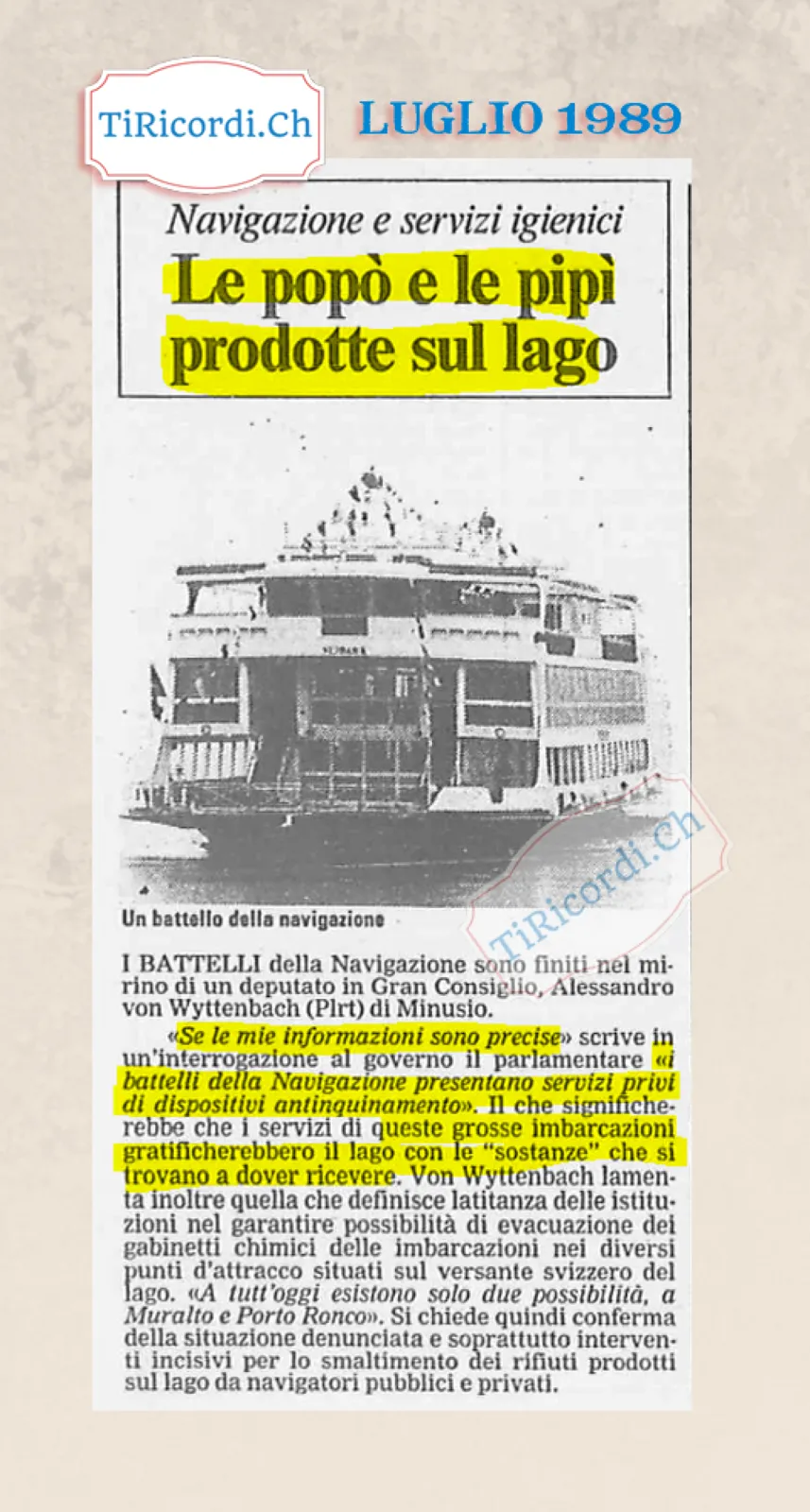 Navigazione e servizi igienici: le popo e le pipi prodotte sul lago, interrogazione in Gran Consiglio, luglio 1989