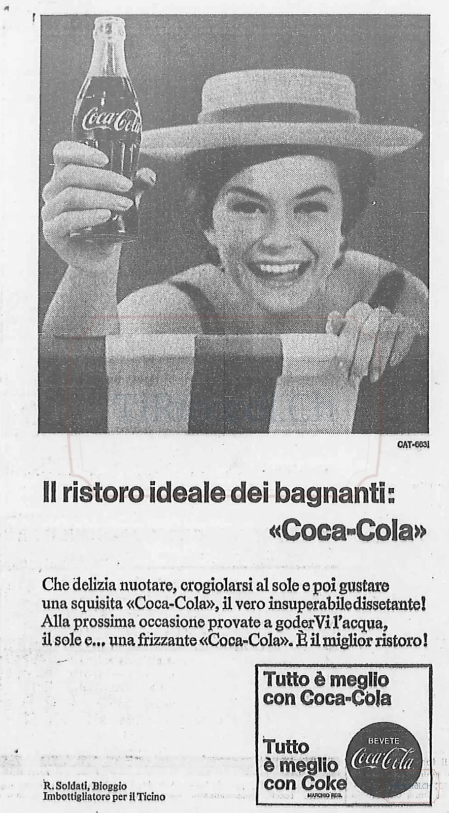 "Il ristoro ideale dei bagnanti": pubblicità Coca-Cola imbottigliata a Bioggio, 1966