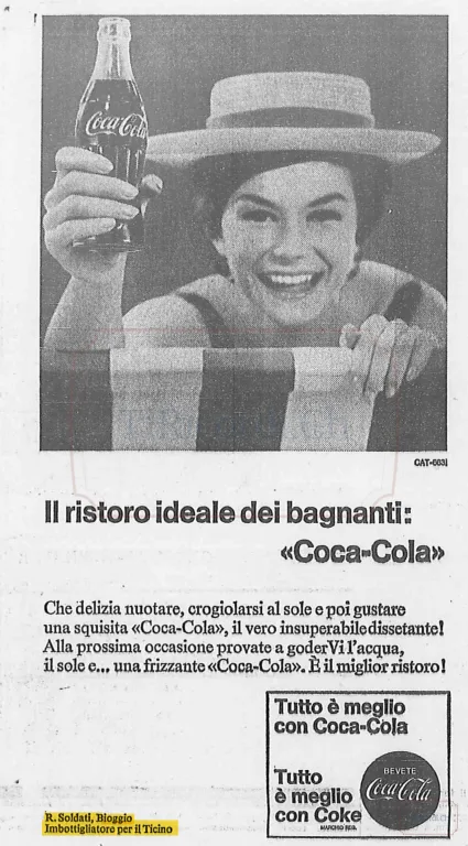 "Il ristoro ideale dei bagnanti": pubblicità Coca-Cola imbottigliata a Bioggio, 1966