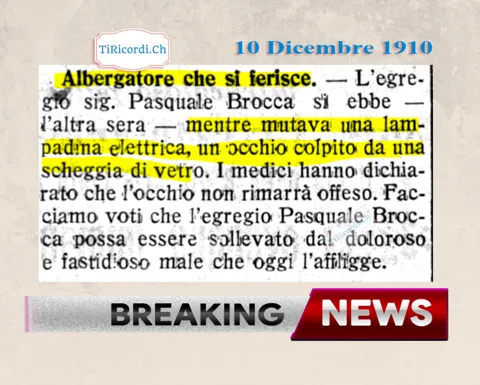 Albergatore che si ferisce: Pasquale Brocca colpito all'occhio da una scheggia di vetro mentre cambiava una lampadina elettrica, 1910