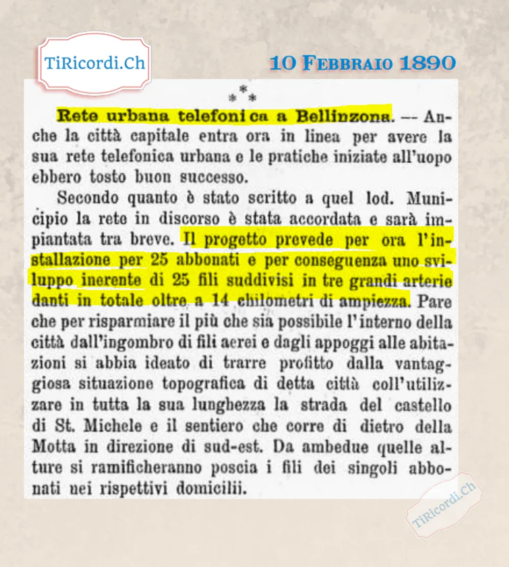 Rete urbana telefonica a Bellinzona: 25 abbonati e 14 chilometri di fili, 1890