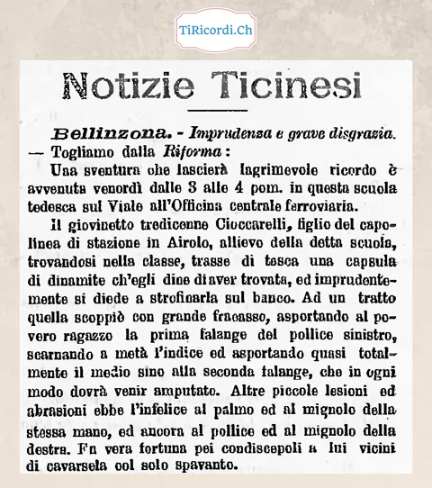 Tredicenne strofina una capsula di dinamite sul banco di scuola a Bellinzona: perde le dita, 1898