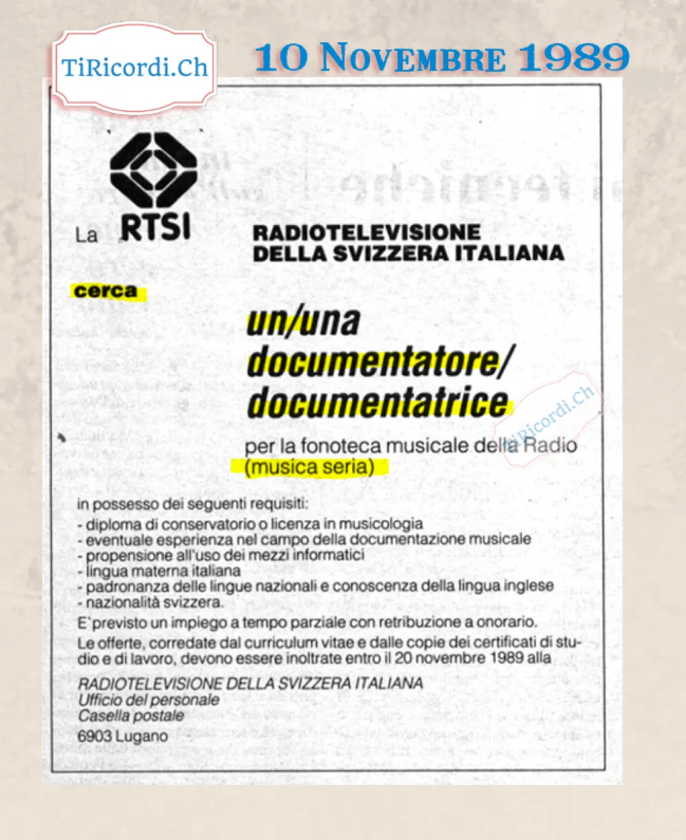 La RTSI cerca un documentatore o documentatrice per la fonoteca musicale della Radio, musica seria, novembre 1989