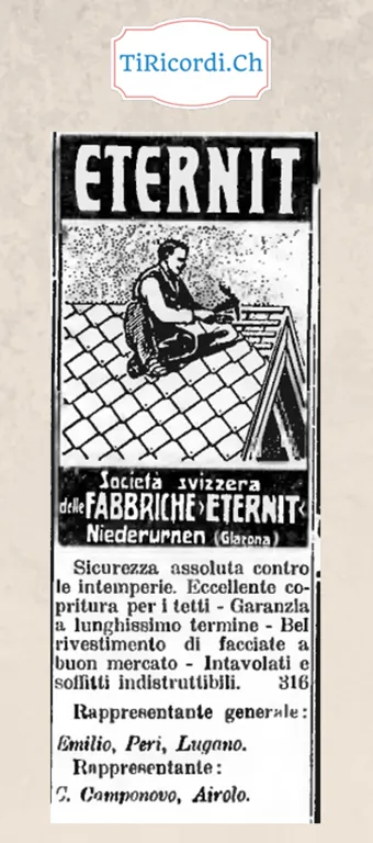 Eternit, sicurezza assoluta contro le intemperie: garanzia a lunghissimo termine, soffitti indistruttibili, 1914