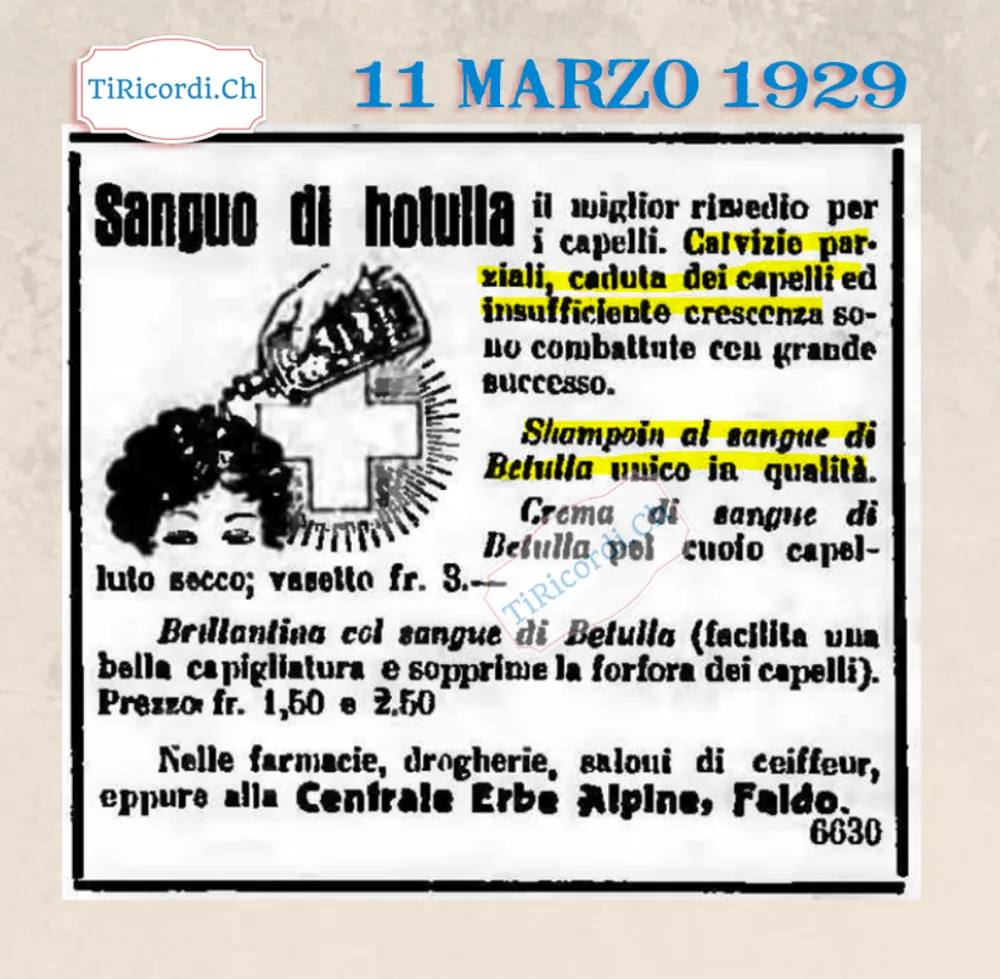 Sangue di betulla, il miglior rimedio per i capelli: calvizie parziali, caduta dei capelli e insufficiente crescenza sono combattute con grande successo, vasetto 3 franchi, 1929