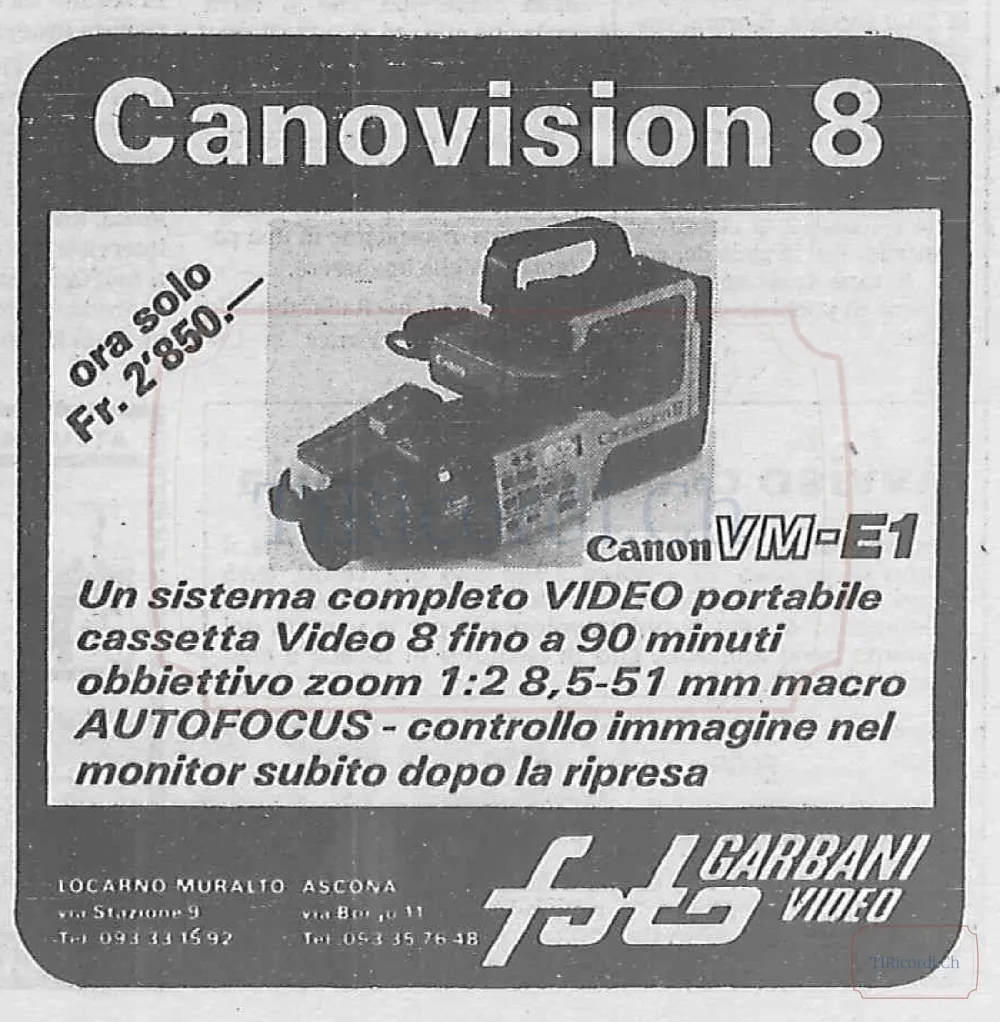 Videocamera Canon Canovision 8 con autofocus e cassette Video 8, pubblicità e prezzo in franchi, 1986