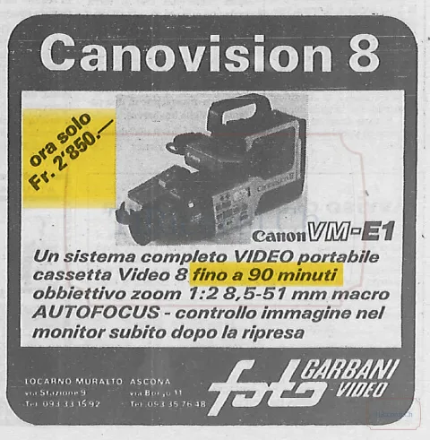 Videocamera Canon Canovision 8 con autofocus e cassette Video 8, pubblicità e prezzo in franchi, 1986