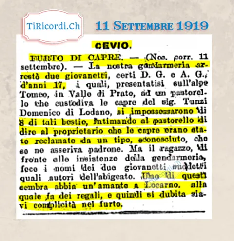 Furto di capre a Cevio: due diciassettenni rubano 8 capre all'alpe Tomeo, uno ha un'amante a Locarno alla quale fa regali, 1919