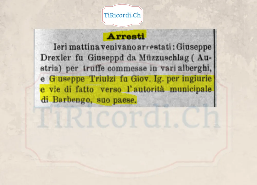 Arresti: un austriaco per truffe negli alberghi e un uomo di Barbengo per ingiurie e vie di fatto contro il Municipio, 1908