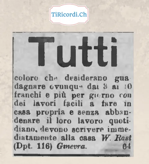 Tutti coloro che desiderano guadagnare da 3 a 10 franchi al giorno con lavori facili in casa propria, 1908