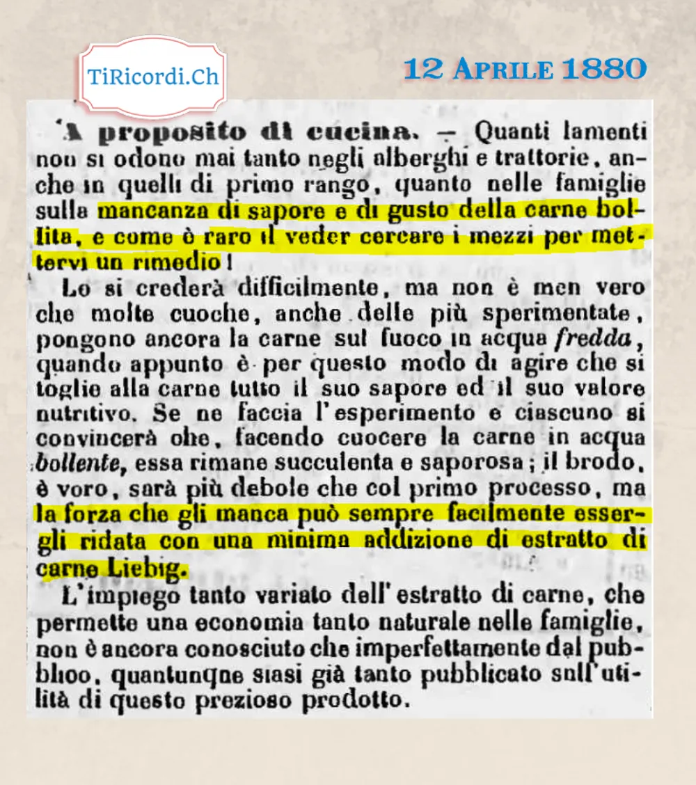 La carne bollita non sa di niente? Ci pensa l'estratto Liebig, 1880