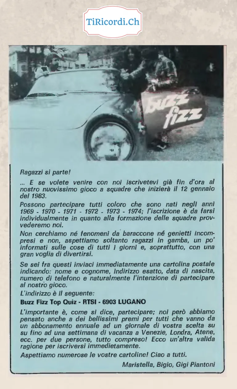 Ragazzi si parte: iscrizioni a Buzz Fizz Top Quiz, il nuovo gioco a squadre della TSI dal 12 gennaio 1983