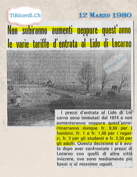 Non subiranno aumenti neppure quest anno le varie tariffe d entrata al Lido di Locarno, marzo 1980