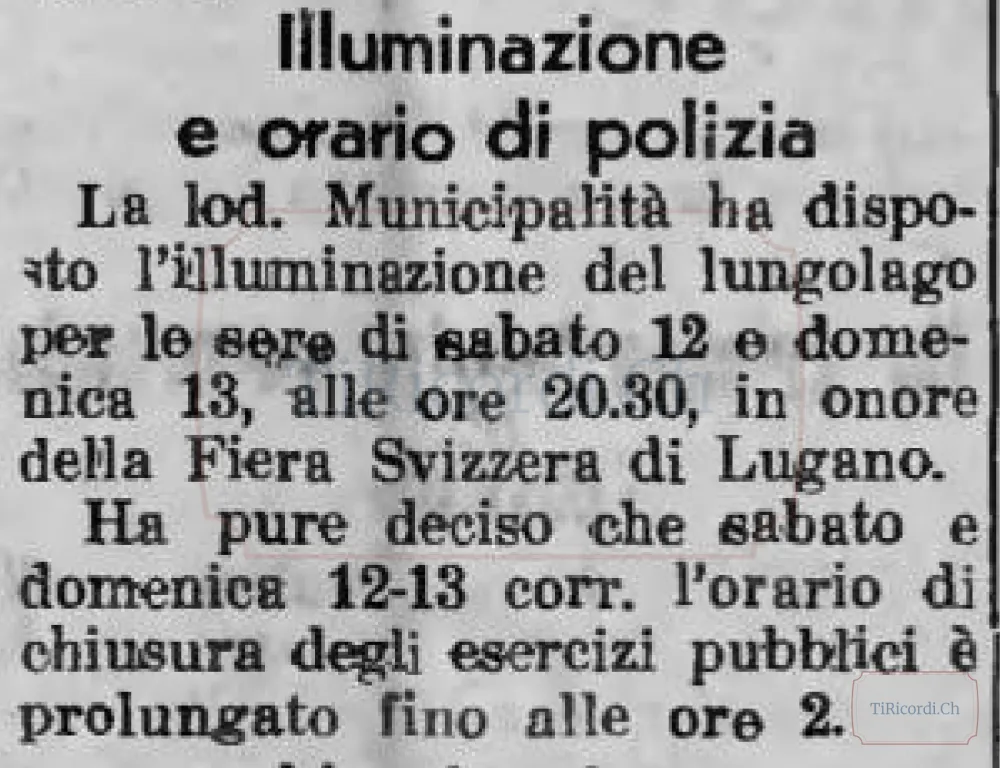 Illuminazione speciale e chiusura dei locali pubblici alle 2 per la Fiera Svizzera di Lugano, 1946
