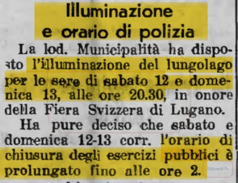 Illuminazione speciale e chiusura dei locali pubblici alle 2 per la Fiera Svizzera di Lugano, 1946