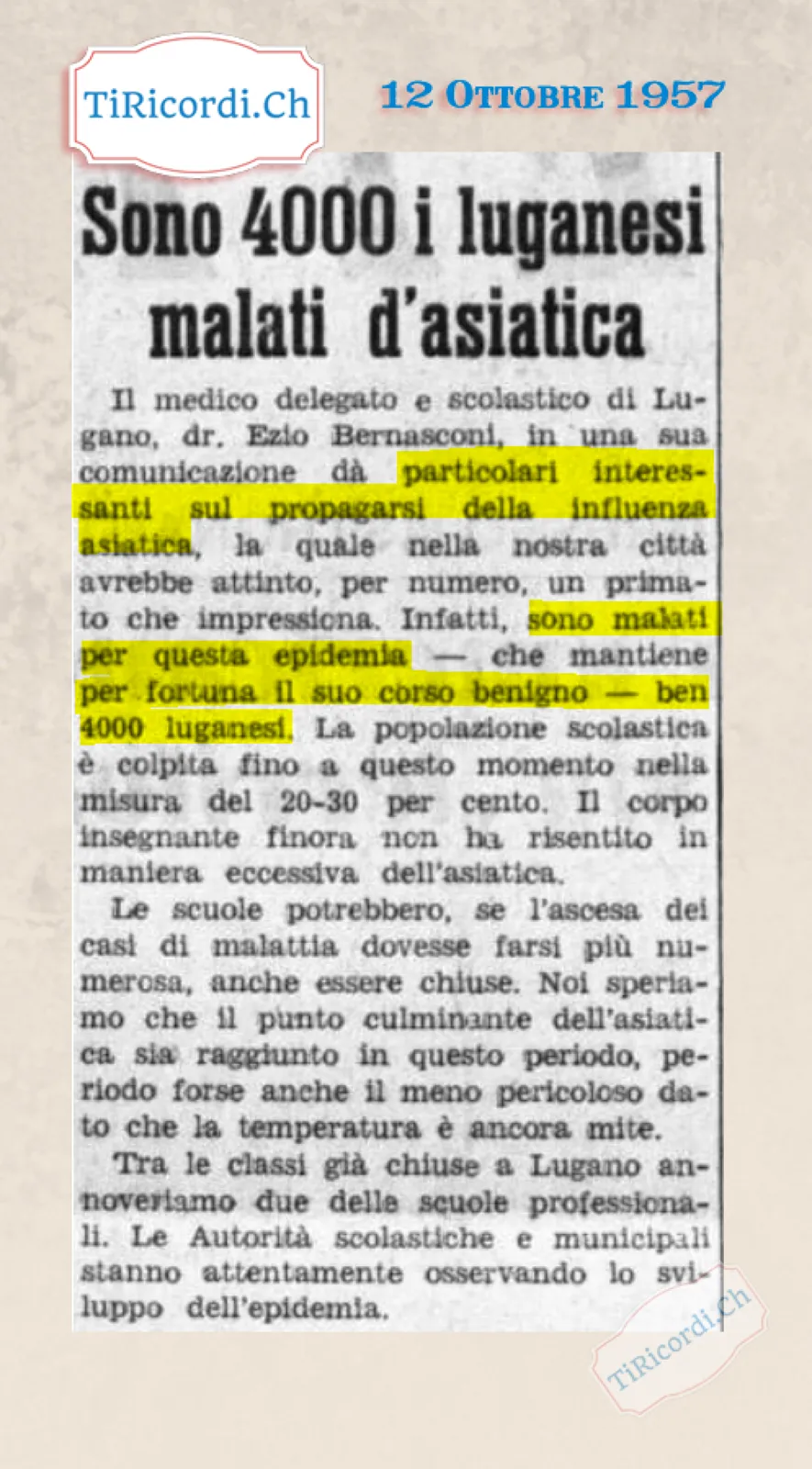 Sono 4000 i luganesi malati d'asiatica: la popolazione scolastica è colpita nella misura del 20-30 per cento, e le scuole potrebbero essere chiuse se i casi aumentassero, 1957