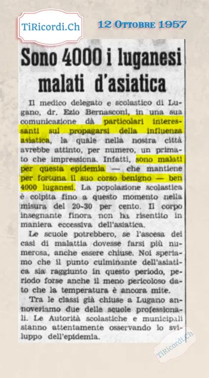 Sono 4000 i luganesi malati d'asiatica: la popolazione scolastica è colpita nella misura del 20-30 per cento, e le scuole potrebbero essere chiuse se i casi aumentassero, 1957