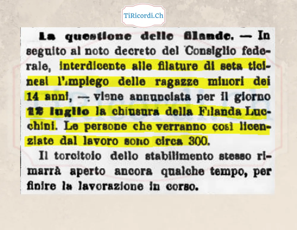 Vietato alle filande impiegare ragazze sotto i 14 anni: chiude la Filanda Lucchini, 300 licenziate, 1898