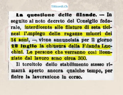 Vietato alle filande impiegare ragazze sotto i 14 anni: chiude la Filanda Lucchini, 300 licenziate, 1898