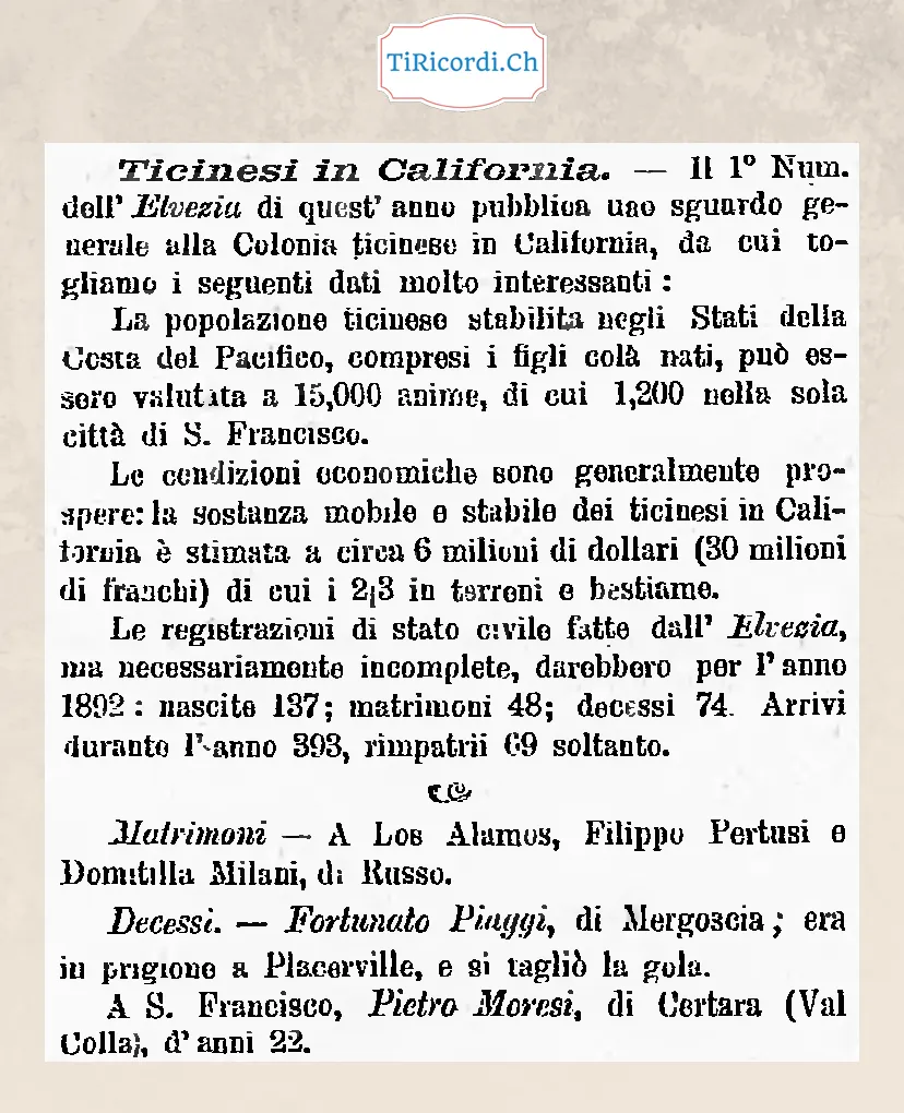 Ticinesi in California: 15 000 anime e 30 milioni di franchi di patrimonio, 1893