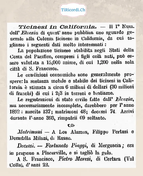 Ticinesi in California: 15 000 anime e 30 milioni di franchi di patrimonio, 1893