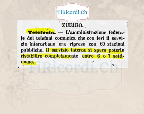 Telefonia a Zurigo: interurbano ripreso con 60 stazioni, servizio interno tra 6 o 7 settimane, 1898