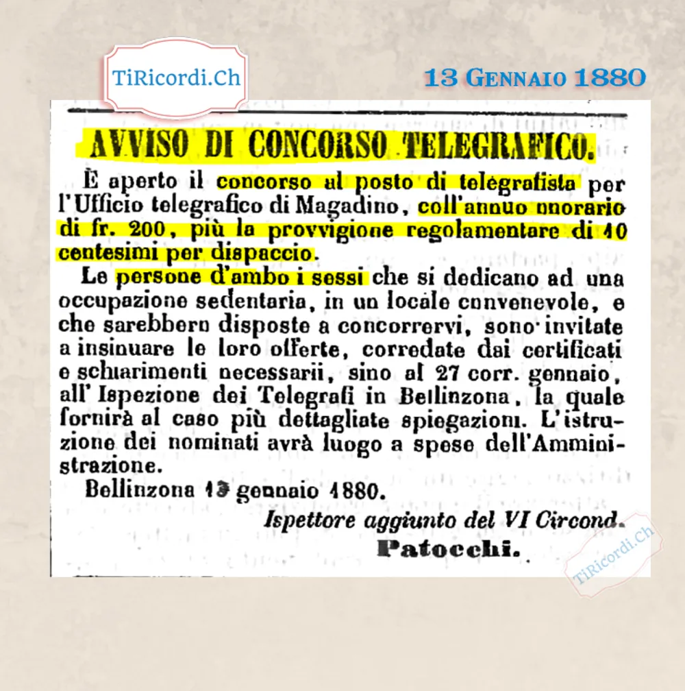 Cercasi telegrafista a Magadino: 200 franchi l'anno più 10 centesimi a dispaccio, 1880