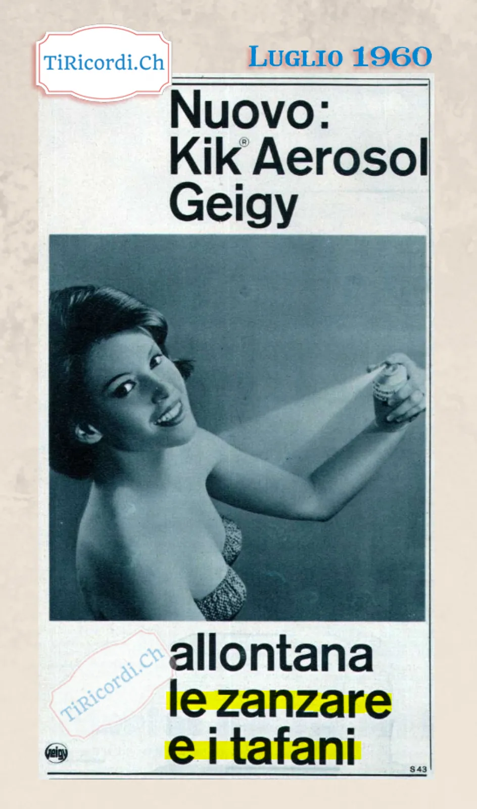 Nuovo: Kik Aerosol Geigy allontana le zanzare e i tafani, 1960