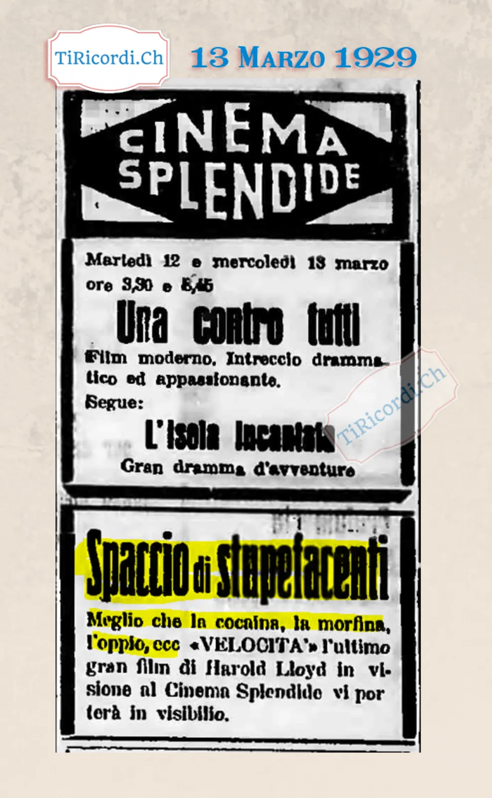 Spaccio di stupefacenti: meglio che la cocaina, la morfina, l'oppio, Velocità l'ultimo gran film di Harold Lloyd al Cinema Splendide vi porterà in visibilio, 1929