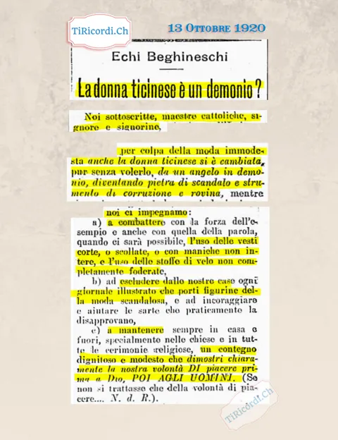 La donna ticinese è un demonio? Maestre cattoliche, signore e signorine si impegnano a combattere le vesti corte, scollate e con maniche non intere, 1920