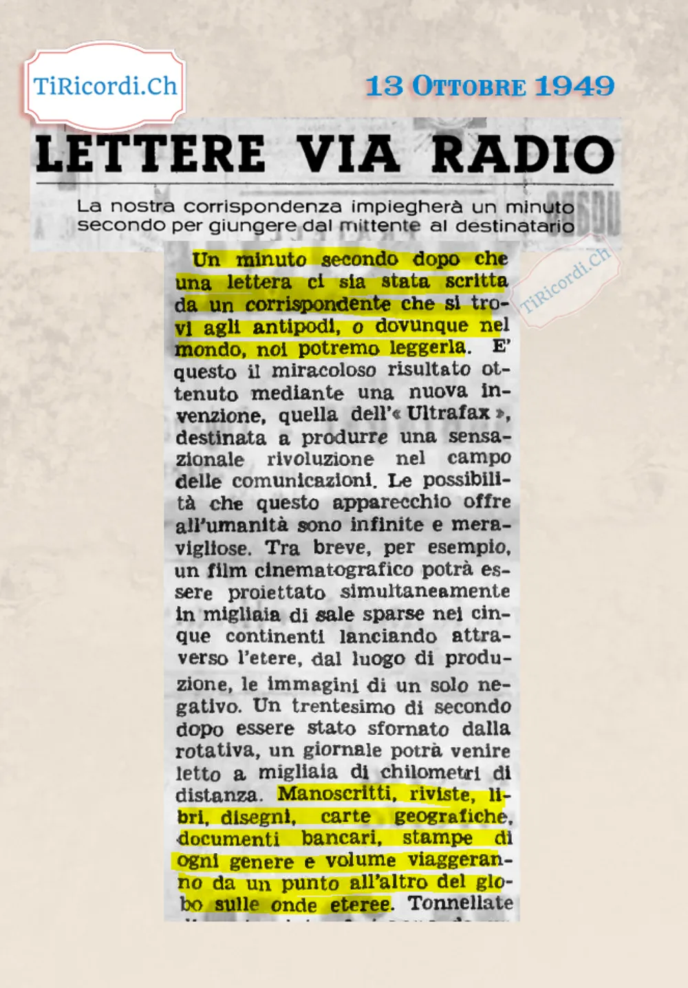 Lettere via radio: la nostra corrispondenza impiegherà un minuto secondo per giungere dal mittente al destinatario grazie all'Ultrafax, 1949