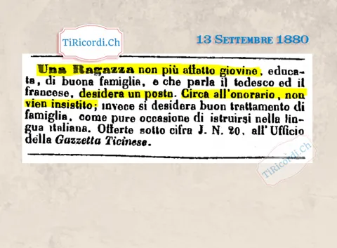 Una ragazza non più affatto giovine cerca posto, stipendio non importa, 1880
