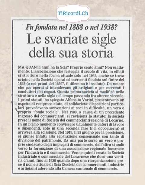 Fu fondata nel 1888 o nel 1938? Le svariate sigle della storia della Scia locarnese