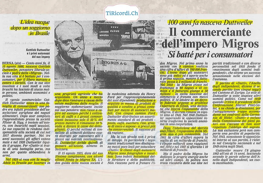 Cento anni fa nasceva Duttweiler, il commerciante dell'impero Migros, 1988