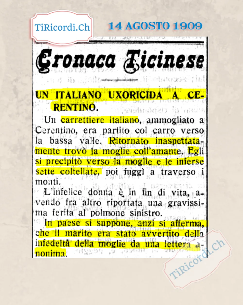 Un italiano uxoricida a Cerentino: tornato all'improvviso trova la moglie con l'amante e le infligge sette coltellate, 1909