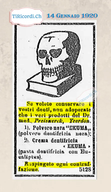 Un teschio su un libro per vendere il dentifricio: se volete conservare i vostri denti, non adoperate che i veri prodotti del dottor Preiswerck di Yverdon, 1920