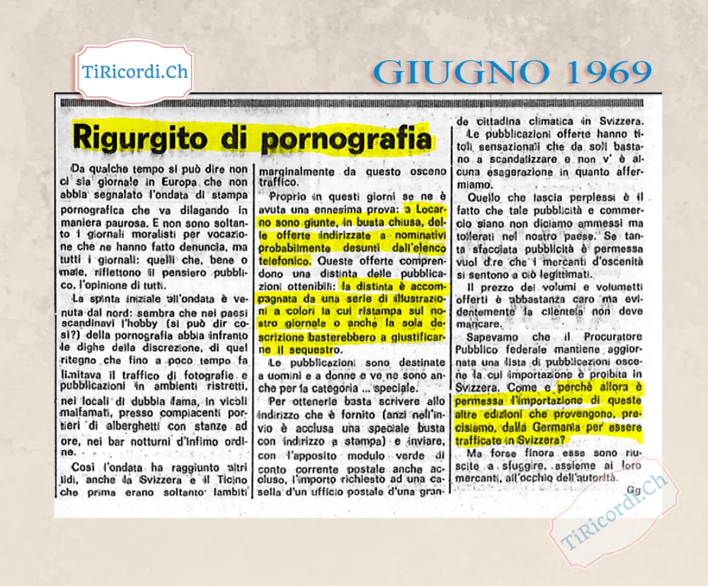 Rigurgito di pornografia: a Locarno sono giunte in busta chiusa offerte indirizzate a nominativi probabilmente desunti dall'elenco telefonico, con illustrazioni la cui sola descrizione basterebbe a giustificarne il sequestro, 1969