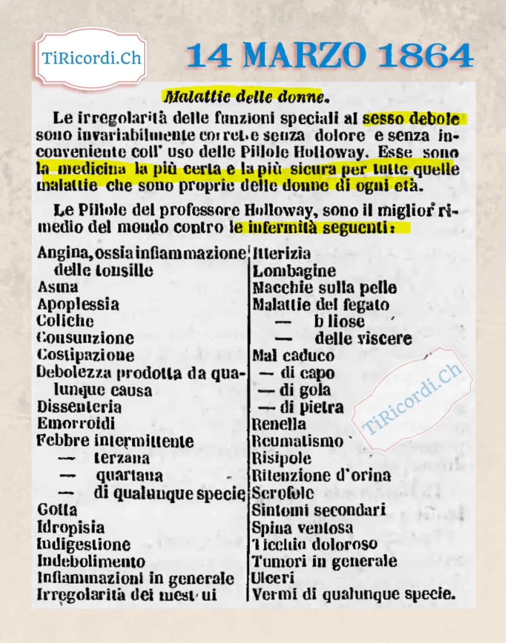 Le pillole Holloway curano tutto, anche il sesso debole, 1864