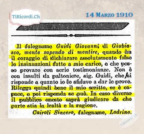 Il falegname Guidi di Giubiasco mente sapendo di mentire: la replica del falegname Cairoli di Lodrino, 1910