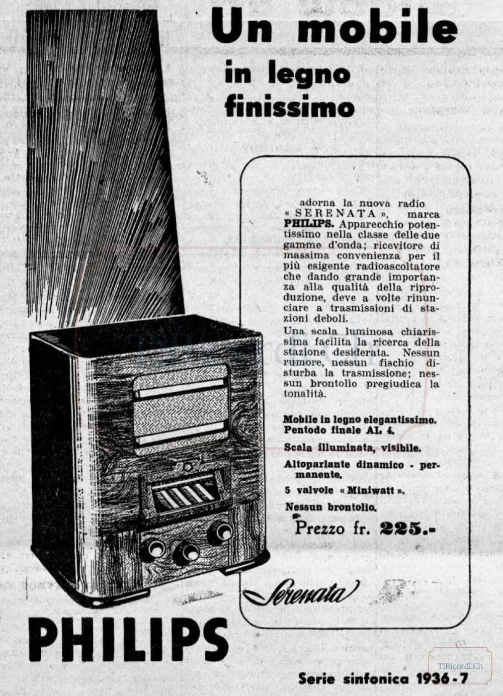 Radio Philips Serenata in mobile di legno finissimo, prezzo e innovazione tecnica, 1936