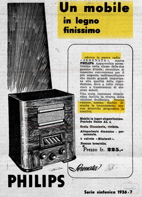 Radio Philips Serenata in mobile di legno finissimo, prezzo e innovazione tecnica, 1936