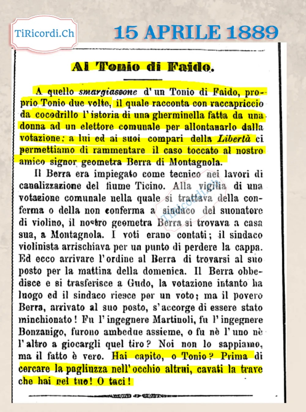 Al Tonio di Faido: il geometra mandato a Gudo per far vincere il sindaco violinista, 1889