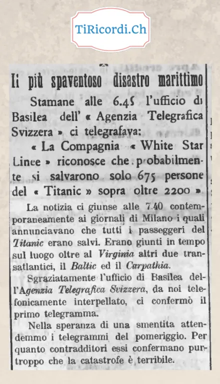 Il più spaventoso disastro marittimo: la White Star riconosce che del Titanic si salvarono solo 675 persone su oltre 2200, 1912