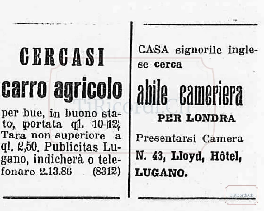 Annunci di lavoro: si cerca carro agricolo e cameriera per Londra, 1946
