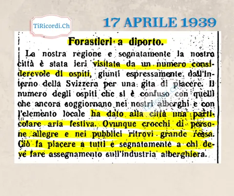 Forastieri a diporto: la città visitata da un numero considerevole di ospiti giunti dall'interno della Svizzera, ovunque crocchi di persone allegre e nei pubblici ritrovi grande ressa, 1939