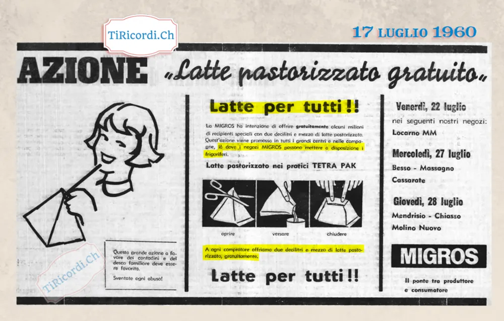 Azione latte pastorizzato gratuito: la Migros offre alcuni milioni di recipienti Tetra Pak con due decilitri e mezzo di latte, là dove i negozi possono mettere a disposizione i frigoriferi, 1960