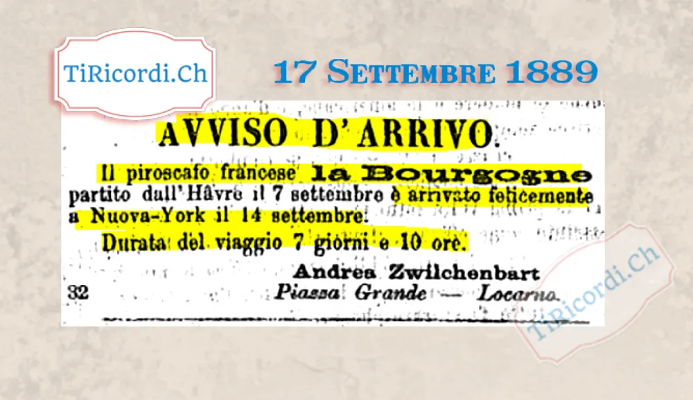 Avviso d'arrivo: la Bourgogne da Le Havre a New York in 7 giorni e 10 ore, 1889