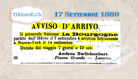 Avviso d'arrivo: la Bourgogne da Le Havre a New York in 7 giorni e 10 ore, 1889