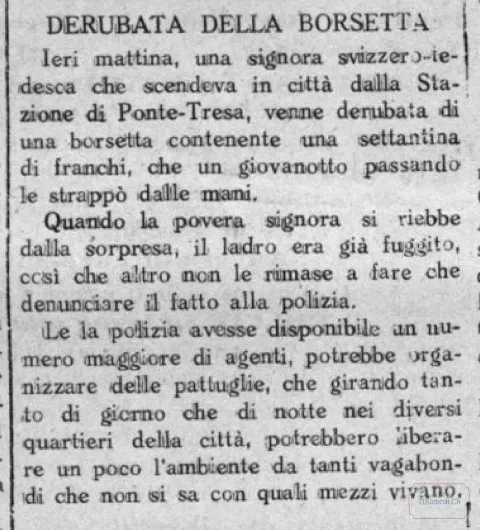 Furto di una borsetta con settanta franchi a una signora alla stazione di Ponte Tresa, 1926